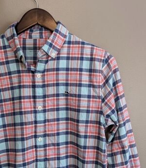 Vineyard Vines Boys Size Large 16 Blue Red Plaid Flannel Shirt Button Down Whale